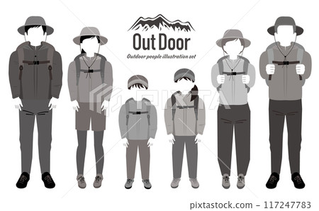 一幅全身插畫，描繪了一家人的父母、孩子和老年男女穿著秋冬服裝享受戶外、露營和登山的樂趣。 117247783
