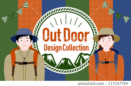 帶有框架和複製空間的插圖，想像一對夫婦在秋季和冬季戶外爬山。 117247784