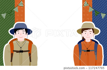Illustration with a frame and copy space depicting a couple climbing mountains in the autumn and winter outdoor scenes Illustration with a frame and copy space depicting a couple climbing mountains in the autumn and winter outdoor scenes 117247785