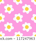 A seamless pattern of white daisies with yellow centers on a pink background.  The daisies are drawn with a textured, brushstroke effect, giving the pattern a soft and whimsical feel. 117247963
