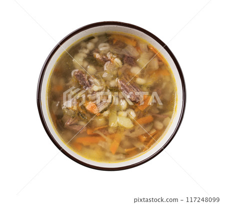 Traditional Russian soup with pickled cucumbers. Pickle with pearl barley and meat  117248099