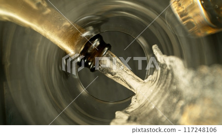 Freeze Motion Shot of Champagne Wine Pouring, Unique Angle of View from the Bottom of the Glass 117248106