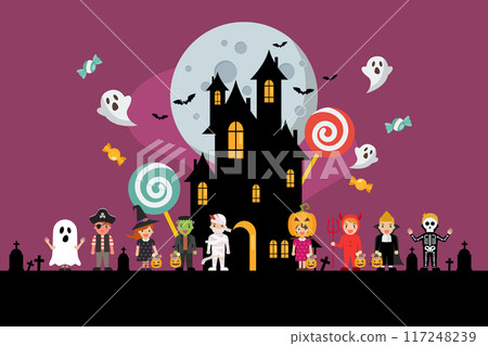 Children in halloween costumes with spooky house. Happy Halloween party poster. Children in halloween costumes with spooky house. Happy Halloween party poster. 117248239