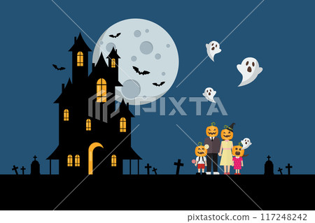 Spooky family and haunted house. Happy halloween party poster 117248242