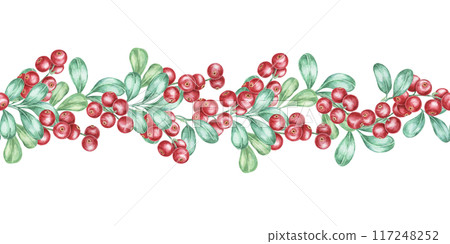 Cranberry seamless border watercolor clipart featuring intertwined lingonberry branches with bright red berries and green leaves. Perfect for recipe book illustrations, festive banners, or gift tags 117248252