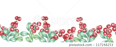 Cranberry, lingonberry seamless border watercolor clipart showcasing red berries paired with detailed green leaves. Ideal for use in seasonal brochures, kitchen decor, or handmade card designs Cranberry, lingonberry seamless border watercolor clipart showcasing red berries paired with detailed green leaves. Ideal for use in seasonal brochures, kitchen decor, or handmade card designs 117248253