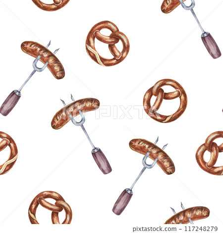 Seamless watercolor pattern with pretzels and grilled sausages. Ideal for party invitations, festive tablecloths, themed merchandise, and event decorations for Oktoberfest celebrations. Seamless watercolor pattern with pretzels and grilled sausages. Ideal for party invitations, festive tablecloths, themed merchandise, and event decorations for Oktoberfest celebrations. 117248279