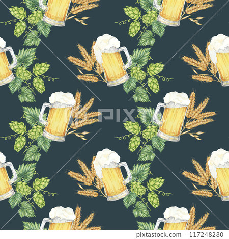 Beer mugs, barley spikes, and green hops backdrop clipart. Watercolor seamless pattern perfect for eco-friendly packaging, rustic-themed home decor, product branding, and nature-inspired designs. Beer mugs, barley spikes, and green hops backdrop clipart. Watercolor seamless pattern perfect for eco-friendly packaging, rustic-themed home decor, product branding, and nature-inspired designs. 117248280