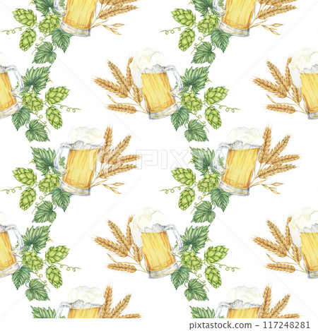 Beer mugs, barley spikes, and green hops backdrop clipart. Watercolor seamless pattern perfect for eco-friendly packaging, rustic-themed home decor, product branding, and nature-inspired designs. 117248281