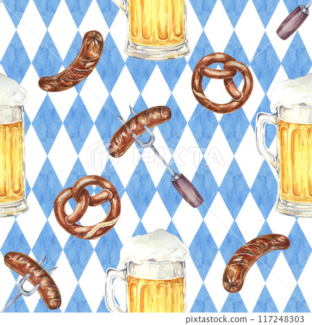 Beer mugs, pretzels, and sausages on Bavarian flag background. Watercolor seamless pattern Ideal for party supplies, event invitations, and Oktoberfest-themed merchandise and decorations Beer mugs, pretzels, and sausages on Bavarian flag background. Watercolor seamless pattern Ideal for party supplies, event invitations, and Oktoberfest-themed merchandise and decorations 117248303