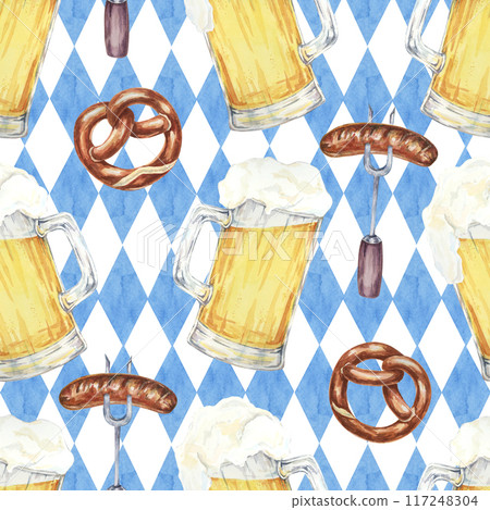 Beer mugs, pretzels, and sausages on Bavarian flag background. Watercolor seamless pattern Ideal for party supplies, event invitations, and Oktoberfest-themed merchandise and decorations 117248304
