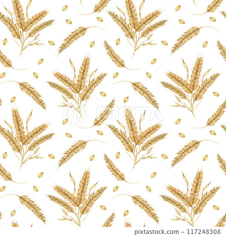 Wheat or barley golden cereal spikes backdrop for Thanksgiving, bakery, Shavuot. Seamless watercolor for fabric designs, nature-themed packaging, eco-conscious branding, and rustic home decor projects 117248308