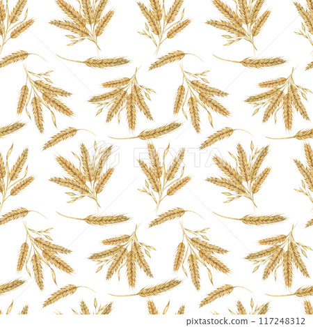 Wheat or barley golden cereal spikes backdrop for Thanksgiving, bakery, Shavuot. Seamless watercolor for fabric designs, nature-themed packaging, eco-conscious branding, and rustic home decor projects 117248312