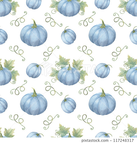 Seamless watercolor pattern with blue pumpkins and green leaves. Cozy background Ideal for creating festive tablecloths, party invitations, gift wrap, and seasonal home decor Seamless watercolor pattern with blue pumpkins and green leaves. Cozy background Ideal for creating festive tablecloths, party invitations, gift wrap, and seasonal home decor 117248317