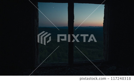 destroyed old window overlooking night nature 117248318