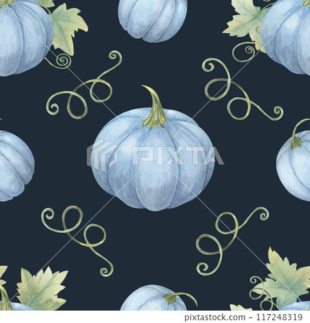 Blue pumpkins and green foliage background. Watercolor seamless pattern clipart perfect for autumn event invitations, home textiles, wrapping paper, and eco-friendly packaging designs 117248319