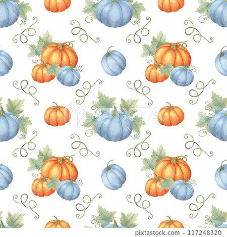 Blue and orange pumpkins with green leaves and vines backdrop. Watercolor seamless pattern great for textile designs, seasonal gift wrap, kitchen towels, and fall-themed party invitations 117248320