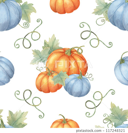 Orange and blue pumpkins with green vines background clipart. Watercolor seamless pattern Ideal for creating autumn-themed fabric designs, gift wrap, party supplies, and eco-friendly packaging 117248321