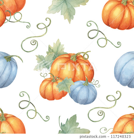 Orange and blue pumpkins with green leaves background. Watercolor seamless pattern Ideal for autumn-themed wrapping paper, textiles, party supplies, and seasonal decorations Orange and blue pumpkins with green leaves background. Watercolor seamless pattern Ideal for autumn-themed wrapping paper, textiles, party supplies, and seasonal decorations 117248323
