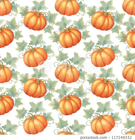 Watercolor seamless pattern of pumpkins with green vines and leaves. Hand drawn background clipart ideal for fabric designs, seasonal gift wrap, kitchen textiles, and fall-themed party supplies 117248332