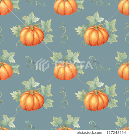 Vibrant orange pumpkins with green foliage clipart. Watercolor seamless pattern great for textile designs, gift wrapping, party supplies, and autumn-inspired stationery 117248334