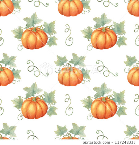 Vibrant orange pumpkins with green foliage clipart. Watercolor seamless pattern great for textile designs, gift wrapping, party supplies, and autumn-inspired stationery Vibrant orange pumpkins with green foliage clipart. Watercolor seamless pattern great for textile designs, gift wrapping, party supplies, and autumn-inspired stationery 117248335