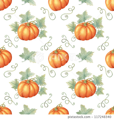 Orange pumpkins with green leaves and vines clipart. Watercolor seamless pattern Perfect for autumn-themed wrapping paper, fabric design, party invitations, and seasonal decorations. Orange pumpkins with green leaves and vines clipart. Watercolor seamless pattern Perfect for autumn-themed wrapping paper, fabric design, party invitations, and seasonal decorations. 117248340
