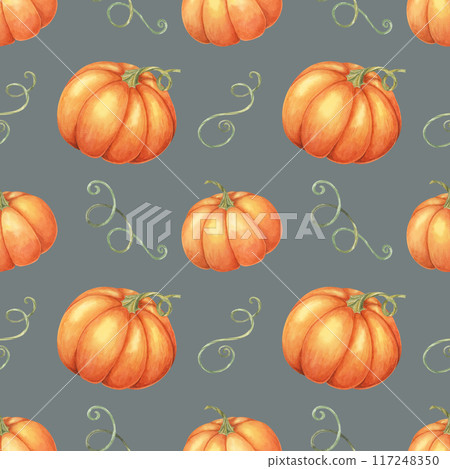 Orange pumpkins and green vines backdrop clipart. Watercolor seamless pattern for use in home decor, event invitations, themed merchandise, and seasonal tableware. 117248350