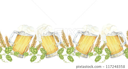 Beer mugs with frothy tops surrounded by hops, barley, and wheat watercolor seamless border. Rustic style Clipart for beer festival flyers, pub banners, and Oktoberfest invitations Beer mugs with frothy tops surrounded by hops, barley, and wheat watercolor seamless border. Rustic style Clipart for beer festival flyers, pub banners, and Oktoberfest invitations 117248358