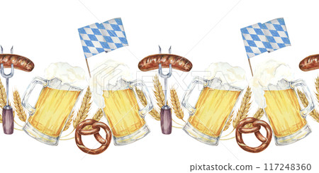 Beer mugs with foam, pretzels, barley, sausages and blue-and-white Bavarian flags banner clipart. Watercolor seamless border for creating Oktoberfest-themed invitations, menus, festive event banners. 117248360