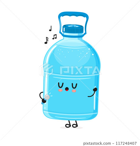 Plastic Water Bottle sings into a microphone character. Vector hand drawn cartoon kawaii character illustration icon. Isolated on white background. Plastic Water Bottle character concept Plastic Water Bottle sings into a microphone character. Vector hand drawn cartoon kawaii character illustration icon. Isolated on white background. Plastic Water Bottle character concept 117248407