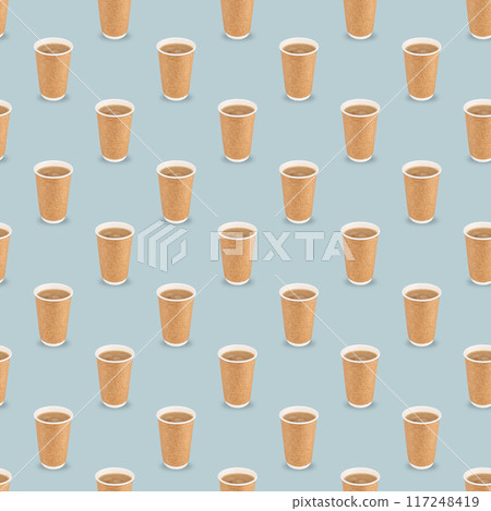 Seamless pattern with black aromatic coffee in a paper craft cup on a blue background.  117248419