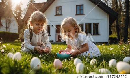 Two little girls collecting Easter eggs in a bowl while sitting on the grass on a sunny day. 117248522