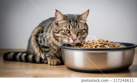 A contented tabby cat curls up next to her overflowing bowl of food, enjoying a peaceful meal time. 117248611