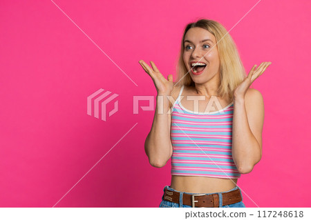 Happy Caucasian woman celebrate success winning birthday lottery jackpot goal achievement good news 117248618