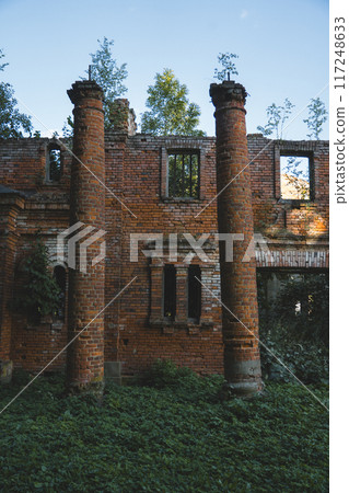Destroyed columns. A ruined red brick stable. The Kostrovitsky manor house 117248633