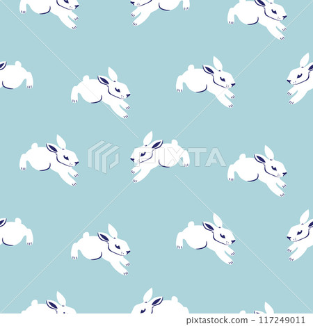Seamless pattern with cute white rabbits. Hand drawn cartoon style hare soft blue background. Fabric and wallpaper print Seamless pattern with cute white rabbits. Hand drawn cartoon style hare soft blue background. Fabric and wallpaper print 117249011