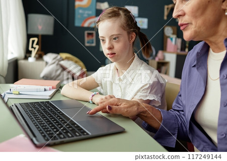 Young girl with Down syndrome and elder teacher working on laptop in classroom environment, using educational technology in learning activities 117249144
