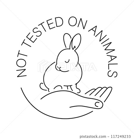 Cruelty free thin line icon. Not tested on animals outline logo sticker for animal friendly product packaging. Cute linear rabbit in hand with text in circle. Vegan eco cosmetics. Simple lined badge Cruelty free thin line icon. Not tested on animals outline logo sticker for animal friendly product packaging. Cute linear rabbit in hand with text in circle. Vegan eco cosmetics. Simple lined badge 117249233