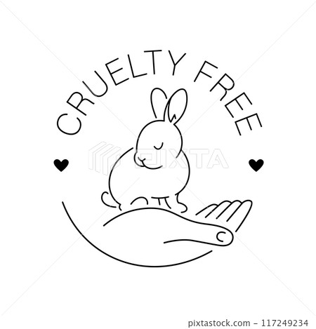 Cruelty free thin line icon. Not tested on animals outline logo sticker for animal friendly product packaging. Cute linear rabbit on hand with text in circle. Vegan eco cosmetics. Simple lined badge 117249234