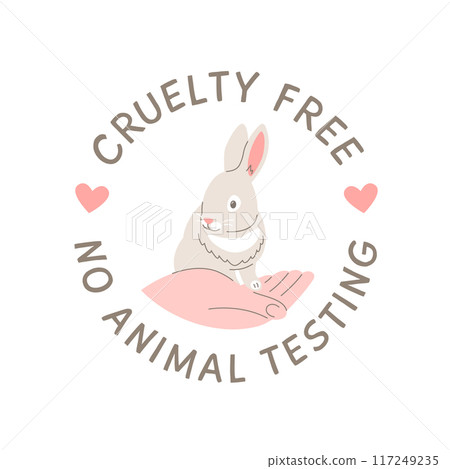Cruelty free doodle hand drawn icon. No animal testing logo sticker for animal friendly product packaging. Cute cartoon rabbit on hand with text. Vegan eco cosmetics. Simple colorful round badge 117249235