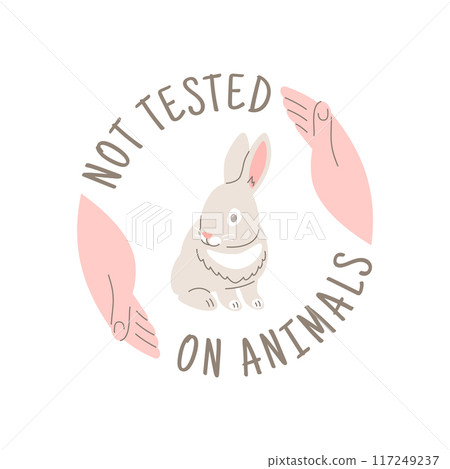 Cruelty free doodle hand drawn icon. Not tested on animals logo sticker for animal friendly product packaging. Cute cartoon rabbit in hands with text. Vegan eco cosmetics. Simple colorful round badge 117249237