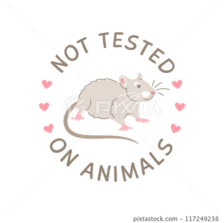 Cruelty free doodle hand drawn icon. Not tested on animals logo sticker for animal friendly product packaging. Cute cartoon rat with text in circle. Vegan eco cosmetics. Simple colorful badge 117249238