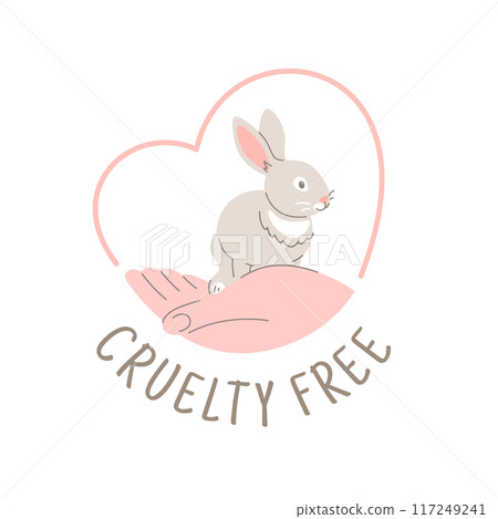 Cruelty free doodle hand drawn icon. Not tested on animals logo sticker for animal friendly product packaging. Cute cartoon rabbit on hand with text and heart. Vegan eco cosmetics. Simple color badge Cruelty free doodle hand drawn icon. Not tested on animals logo sticker for animal friendly product packaging. Cute cartoon rabbit on hand with text and heart. Vegan eco cosmetics. Simple color badge 117249241