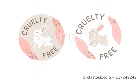 Cruelty free doodle hand drawn icon. Not tested on animals logo sticker for animal friendly product packaging. Cute cartoon rabbit in hands with text. Vegan eco cosmetics. Simple colorful round badge Cruelty free doodle hand drawn icon. Not tested on animals logo sticker for animal friendly product packaging. Cute cartoon rabbit in hands with text. Vegan eco cosmetics. Simple colorful round badge 117249242