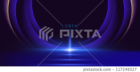 Scene futuristic neon circle glowing blue and gold light lines with on dark blue background and lighting sparkle. 117249327