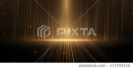 Abstract elegant gold glowing line with lighting effect sparkle on black background. Template premium award design. Abstract elegant gold glowing line with lighting effect sparkle on black background. Template premium award design. 117249328
