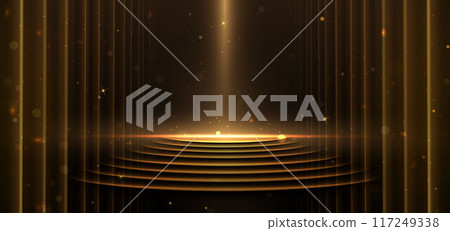 Elegant golden scene vertical glowing with lighting effect sparkle on black background. Template circle podium premium award design. Elegant golden scene vertical glowing with lighting effect sparkle on black background. Template circle podium premium award design. 117249338