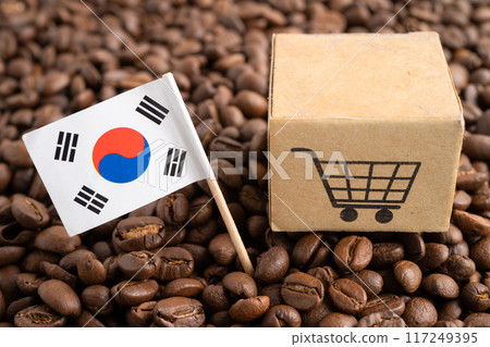 Korea flag with shopping cart on coffee bean, import export trade online commerce. 117249395
