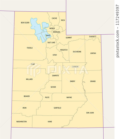 Utah, U.S. state subdivided into 29 counties, political map with borders and county names. State in the Mountain West region of Western USA. Nicknamed Beehive State, The Mormon State, and Deseret. 117249397